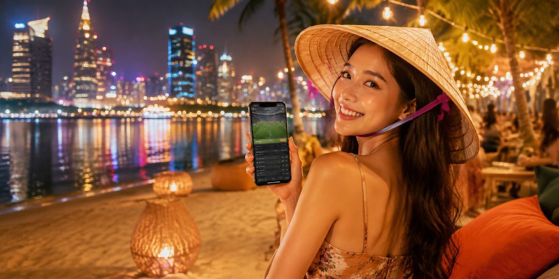 Người phụ nữ đội nón lá tại TP.HCM xem kèo bóng đá trên điện thoại